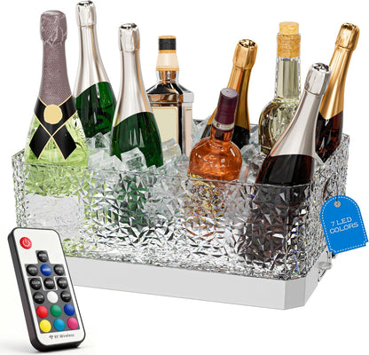 Plastic Ice Bucket for Parties, 15Liter / 4 Gallon Big Large Clear Beverage Tub for Champagne Beer Drink Wine Cocktails Bar, Hosting Party Essentials, LED Light Up, Rectangular, Leakproof