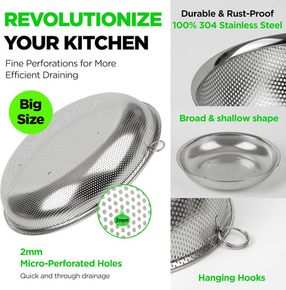 Premium 18/8 304 Stainless Steel Micro-Perforated Small and Big Colander Set of 4 with rings - 3.5-5.5-7.5-9.5 Quart Set, Self-Draining Solid Base for Pasta, Fruits, Vegetables