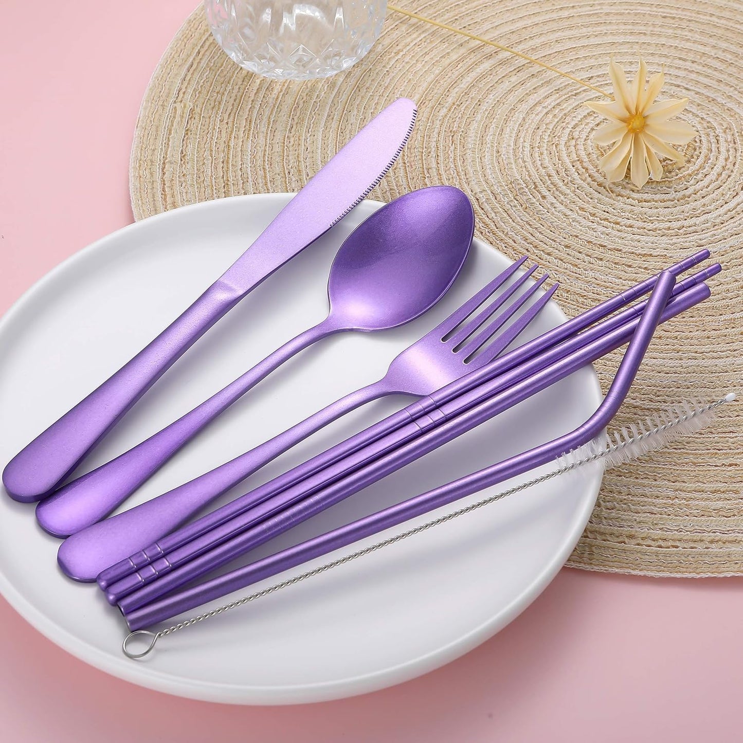 Portable Stainless Steel Flatware Set, Travel Camping Cutlery Set, Portable Utensil Travel Silverware Dinnerware Set with a Waterproof Case (Pink)