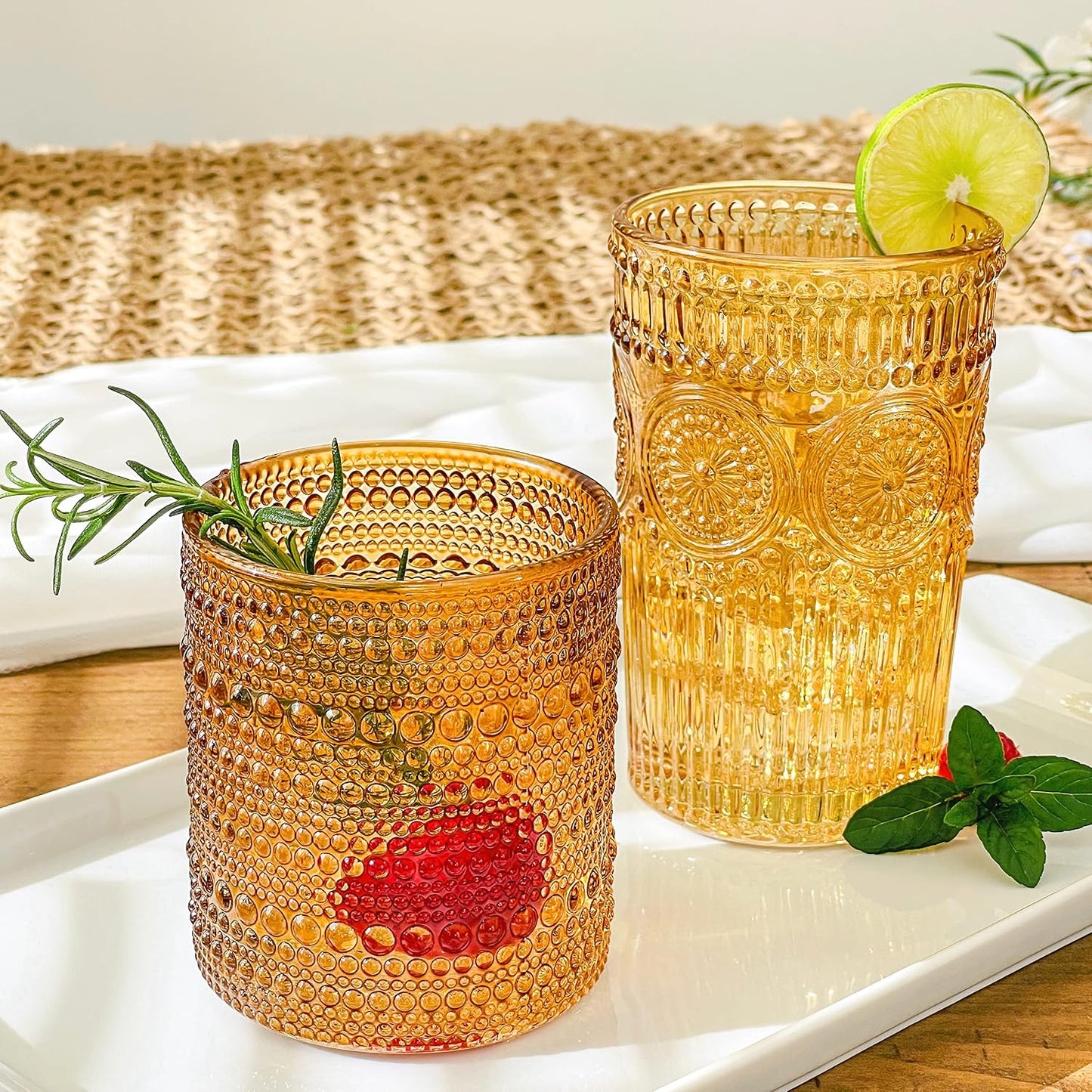 Kate Aspen Vintage Textured Aqua Blue Striped Drinking Glasses Set of 6-13 oz Ribbed Glassware with Flower Design | Cocktail Set, Juice Glass, Water Tumbler