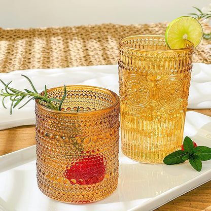 Kate Aspen Vintage Textured Aqua Blue Striped Drinking Glasses Set of 6-13 oz Ribbed Glassware with Flower Design | Cocktail Set, Juice Glass, Water Tumbler