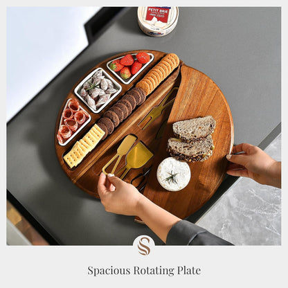 Shanik Acacia Wood Lazy Susan Cheese Board Set – Rotating Charcuterie Platter, Elegant Serving Tray for Appetizers, Snacks, Parties & Weddings