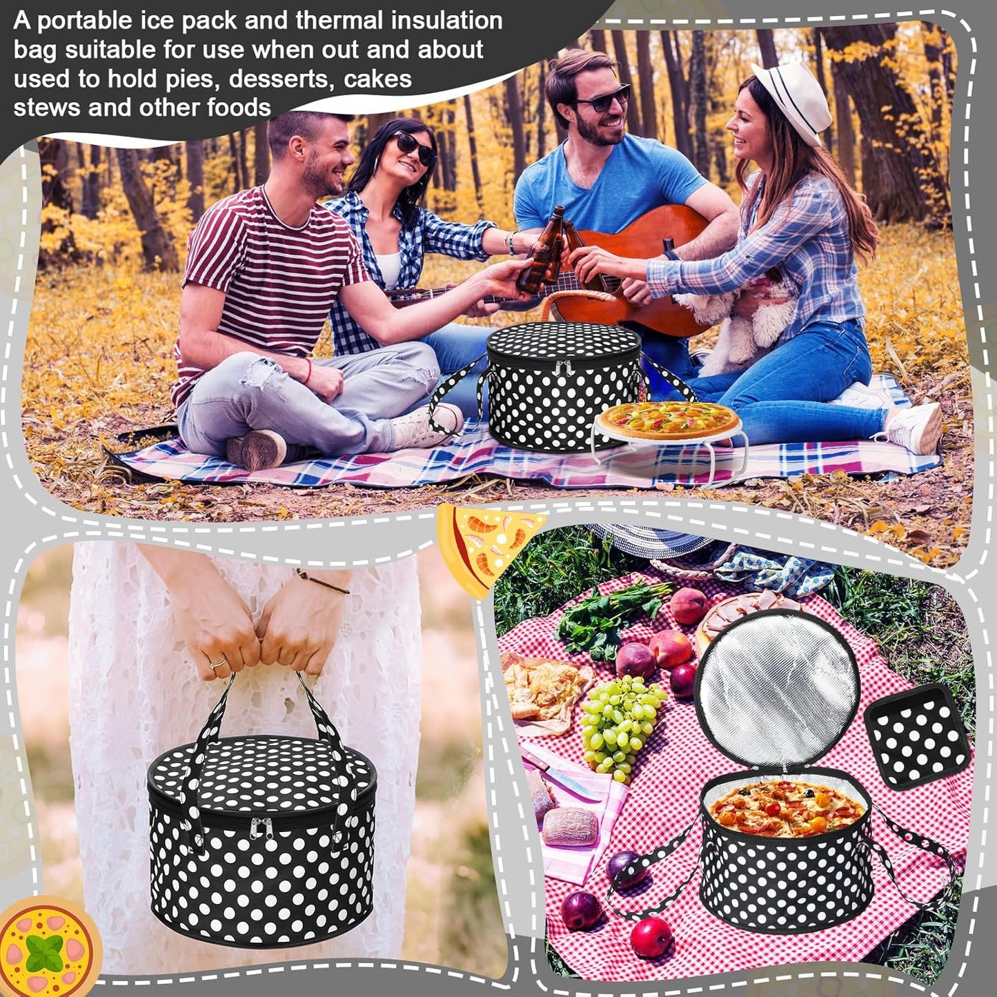Pickmesh Round Pie Carrier 12 x 7 Inch Insulated Casserole Carriers with Lid and Detachable Handle for Hot or Cold Food Cake Transport Thanksgiving Christmas Gift(Cyan White Zigzag)