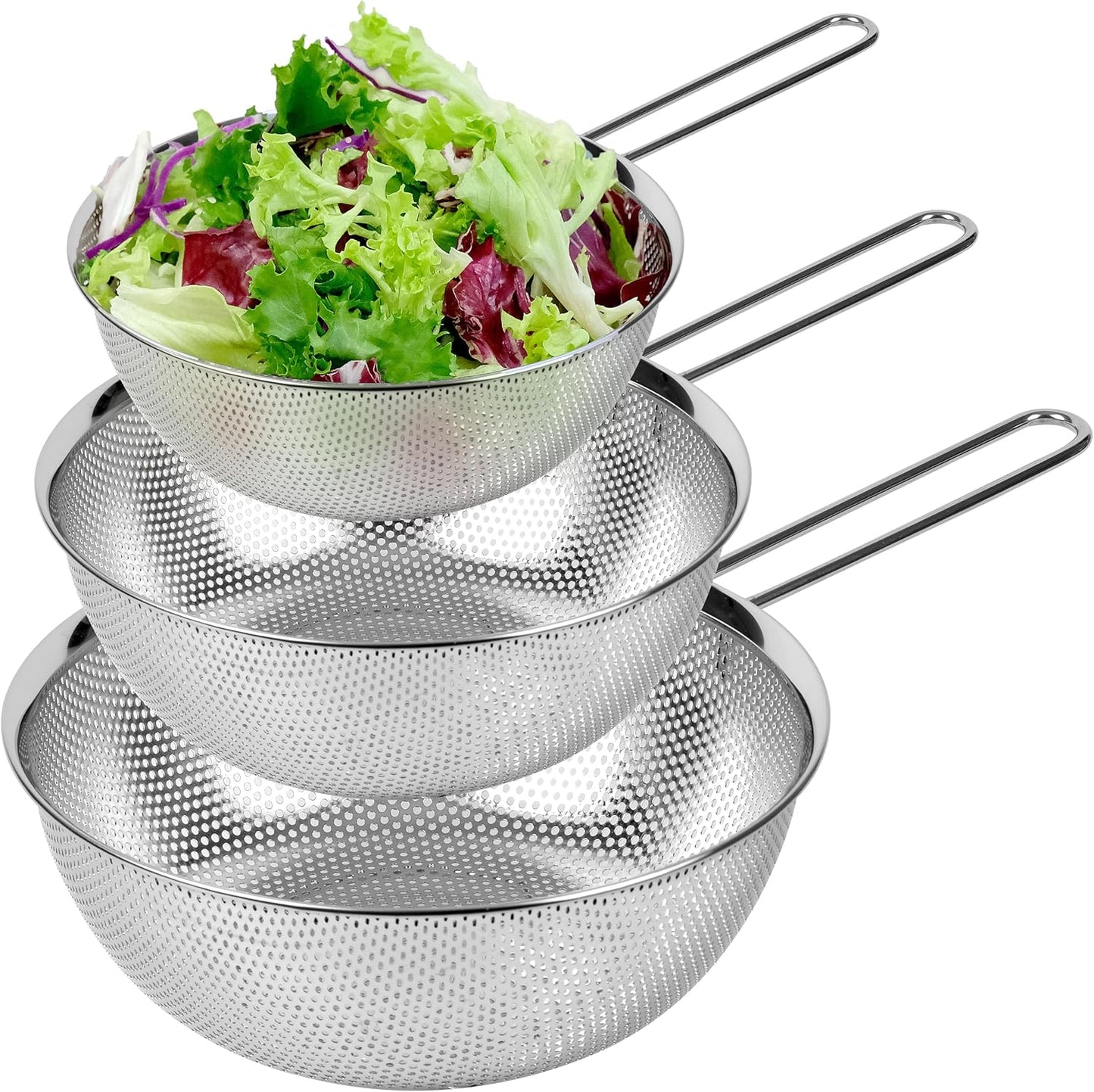 Premium 18/8 304 Stainless Steel Micro-Perforated Small and Big Colander Set of 4 with rings - 3.5-5.5-7.5-9.5 Quart Set, Self-Draining Solid Base for Pasta, Fruits, Vegetables