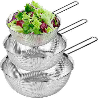 Premium 18/8 304 Stainless Steel Micro-Perforated Small and Big Colander Set of 4 with rings - 3.5-5.5-7.5-9.5 Quart Set, Self-Draining Solid Base for Pasta, Fruits, Vegetables
