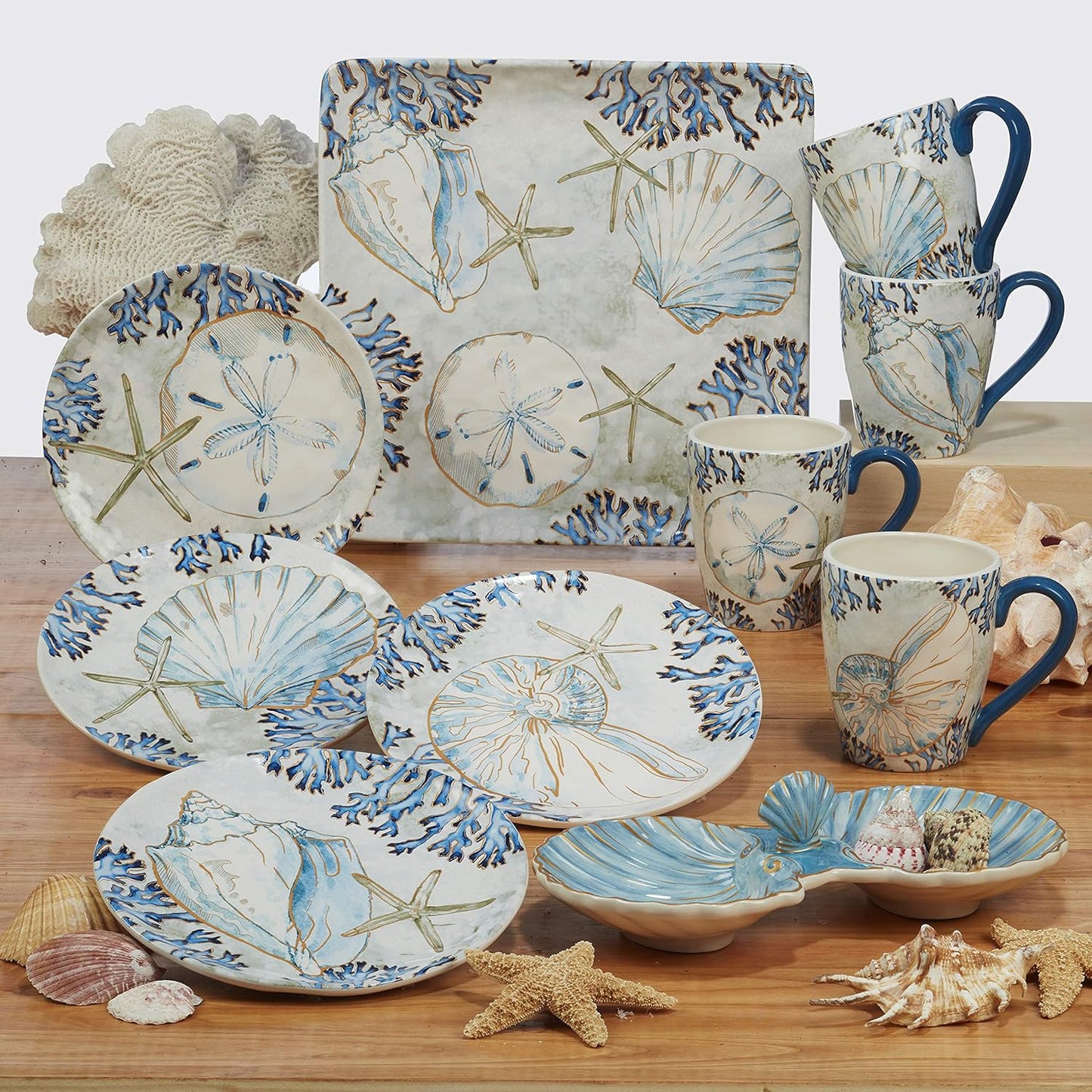 Playa Shells Coastal Ceramic Chip & Dip Platter – 13.5" Ocean-Themed Party Server for Chips, Veggies, Fruit, Crackers, and Appetizers