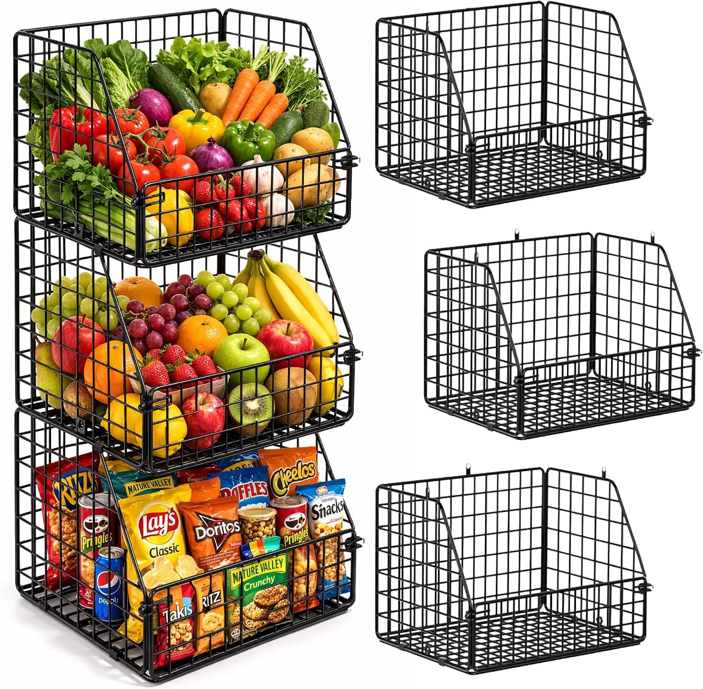 3x Stackable Hanging and Counter Baskets, Hanging Fruit Baskets for Kitchen