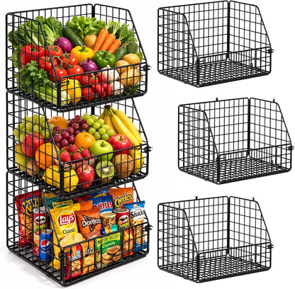 3x Stackable Hanging and Counter Baskets, Hanging Fruit Baskets for Kitchen