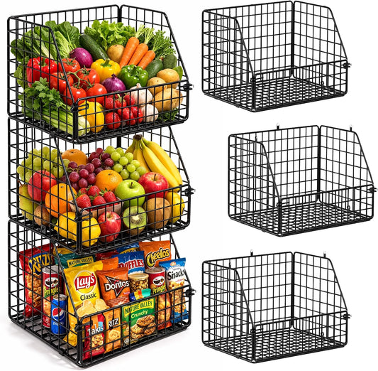 3x Stackable Hanging and Counter Baskets, Hanging Fruit Baskets for Kitchen