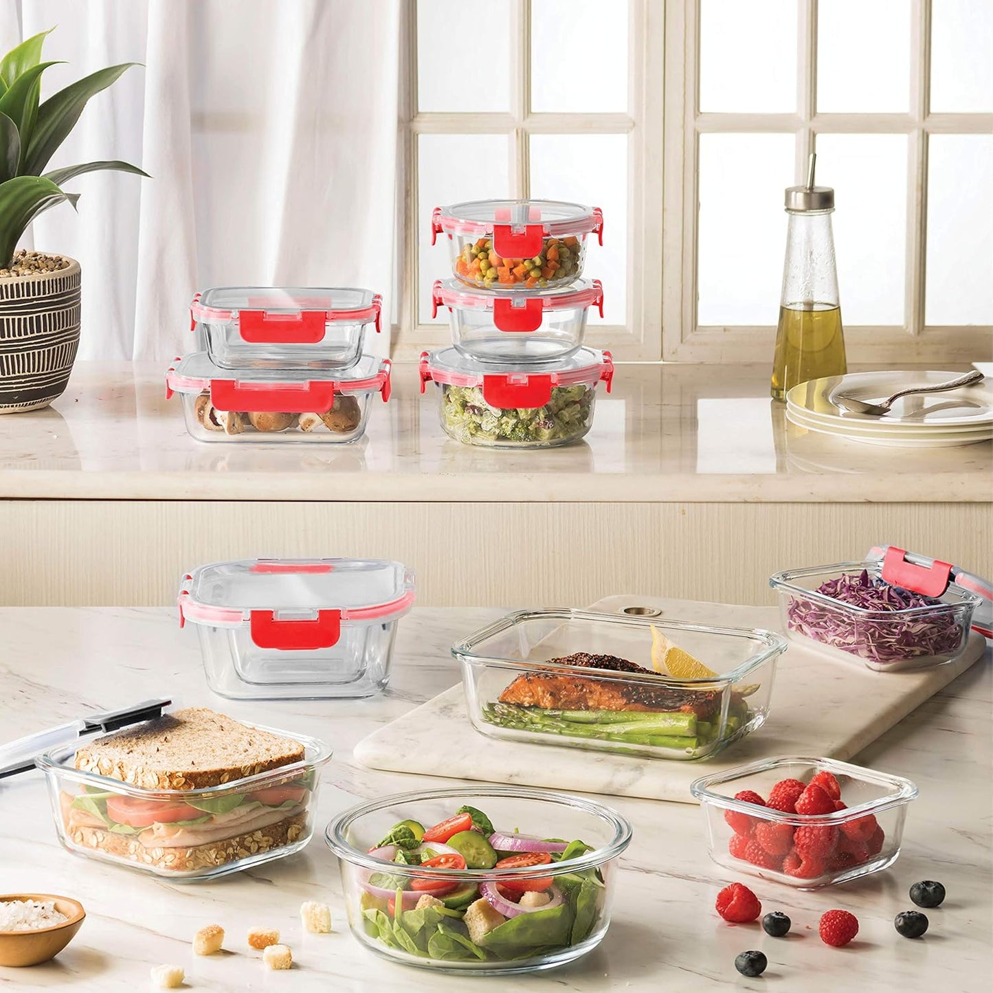 FineDine 24 Piece Glass Storage Containers with Lids - Leak Proof, Dishwasher Safe Glass Food Storage Containers for Meal Prep or Leftovers, Blue