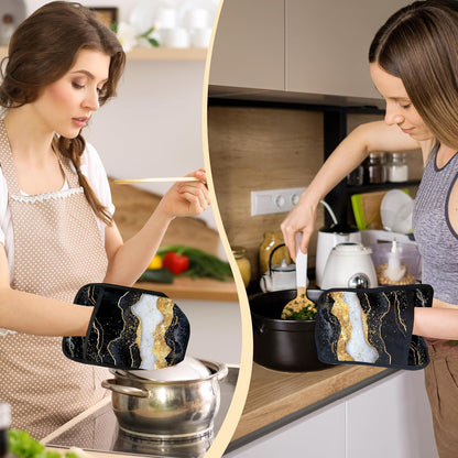 Abstract Black White and Gold Pot Holders 2 Pack Set, Black and Gold Kitchen Decor, Modern Boho Abstract Luxury Marble Heat Resistant Oven Hot Pads for Kitchen Countertop Baking