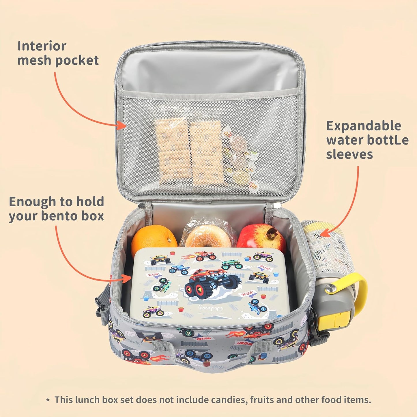 rockpapa Chill Kids Lunch Box Set with Leakproof 5.5 Cups Bento Box, Reusable Ice Pack, 14oz Insulated Water Bottle & Lunch Bag, BPA-Free Microwave Safe for School Boys Girls (Black Games)