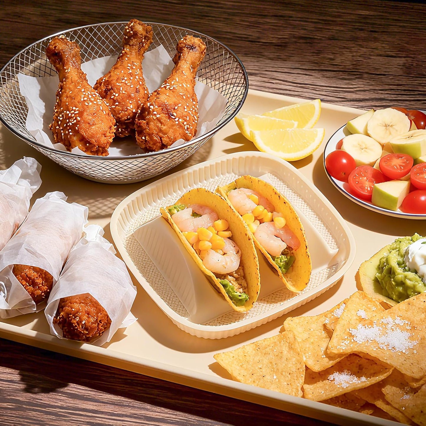 50-Pack Disposable Taco Plates for 2 Tacos & 2 Sides - For Most 4-6 IN Small Hard Shells - Biodegradable Cornstarch Holder Plates - Microwave Safe - Ideal for Fiesta, Bar, Party