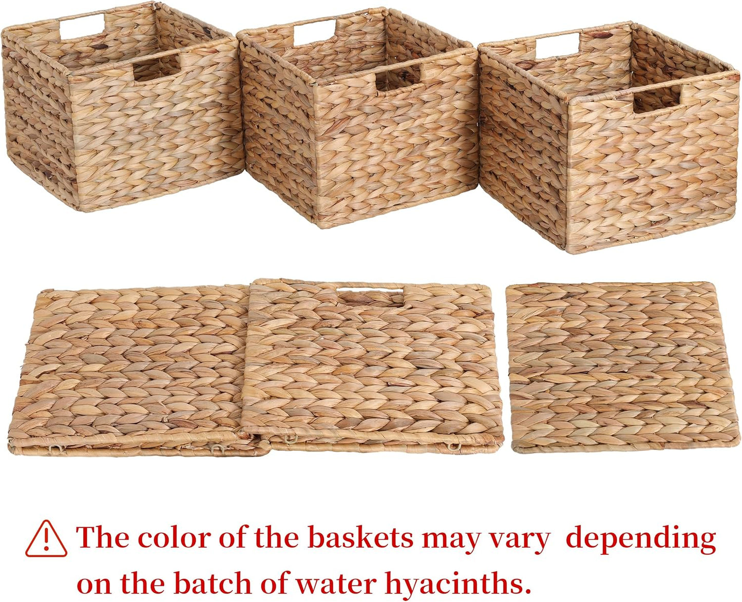 12x12x10in Water Hyacinth Storage Basket Large, Folding Cube Woven Wicker Storage Basket for Shelves, Pantry Baskets Organization and Storage, Kitchen Storage Baskets, Large Rattan Basket Set of 3