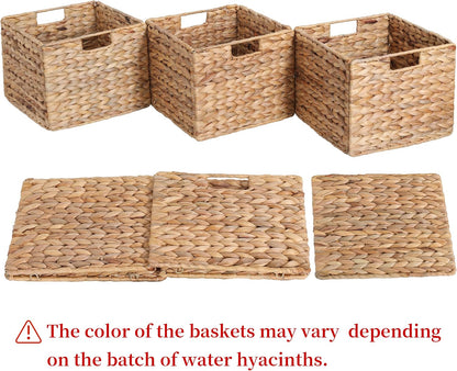 12x12x10in Water Hyacinth Storage Basket Large, Folding Cube Woven Wicker Storage Basket for Shelves, Pantry Baskets Organization and Storage, Kitchen Storage Baskets, Large Rattan Basket Set of 3