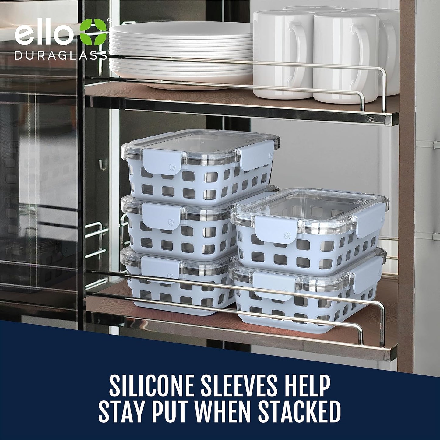 Ello Duraglass 3.4 Cup Meal Prep 10Pc,Set,Glass Food Storage Container with Silicone Sleeve and Airtight BPA-Free Plastic Lids,Dishwasher,Microwave & Freezer Safe,Evening Orchard,5 Count (Pack of 2)