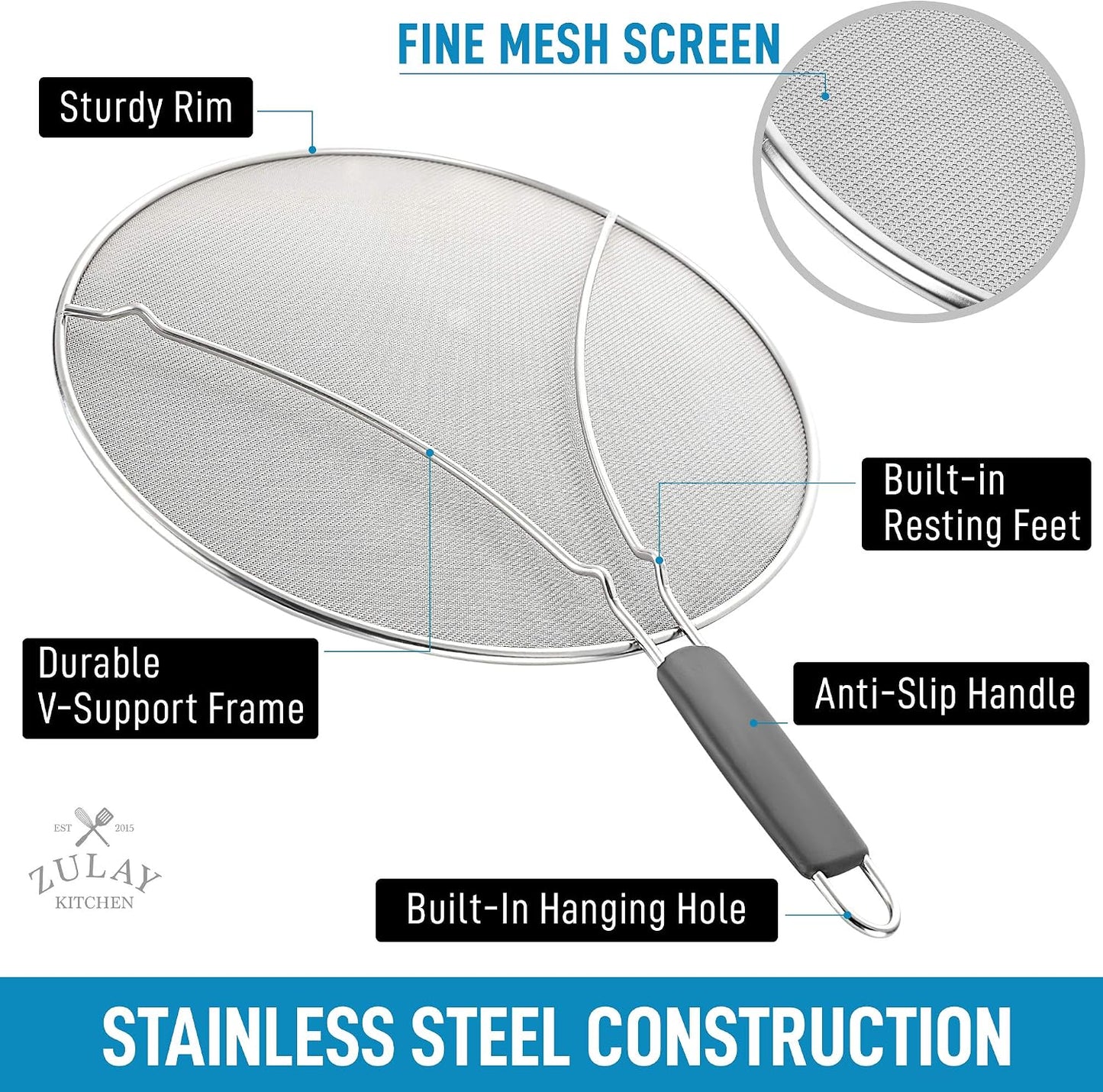 Zulay Kitchen Splatter Screen for Frying Pan (13”) - Grease Splatter Guard for Frying Pan - Oil Splatter Guard - Oil Splash Guard for Frying Pan - Stainless Steel Grease Screen for Stove Top (Black)