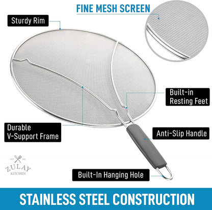 Zulay Kitchen Splatter Screen for Frying Pan (13”) - Grease Splatter Guard for Frying Pan - Oil Splatter Guard - Oil Splash Guard for Frying Pan - Stainless Steel Grease Screen for Stove Top (Black)