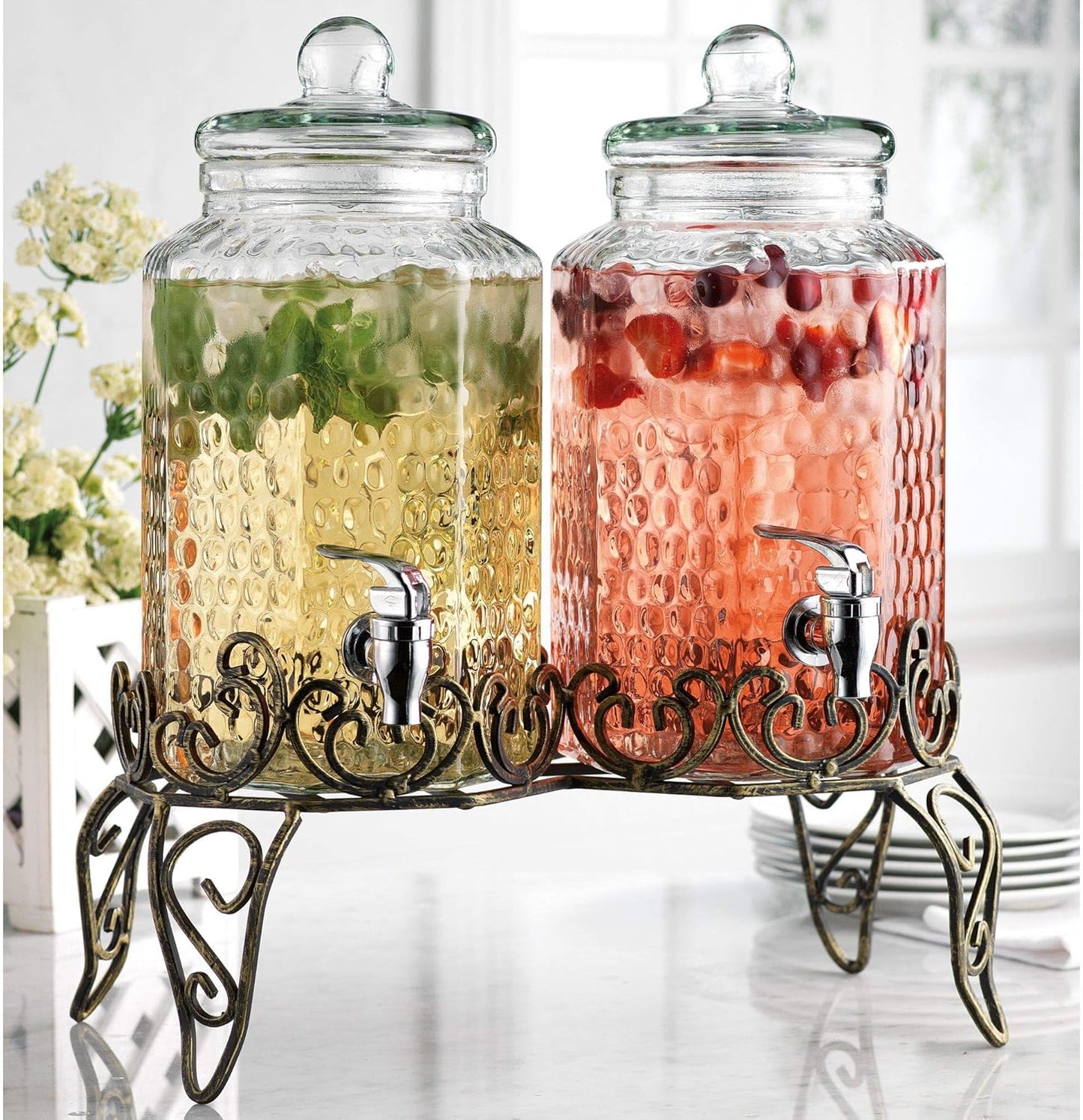 Glass Beverage Dispenser with Classy Metal Stand (Set of 2), 1.Gallon Glass Drink Dispenser with 100% Leak Proof Spigot, Party Drink Dispenser for Lemonade, Punch, Water, Juice for Parties