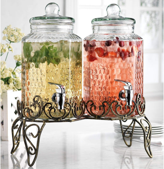 Glass Beverage Dispenser with Classy Metal Stand (Set of 2), 1.Gallon Glass Drink Dispenser with 100% Leak Proof Spigot, Party Drink Dispenser for Lemonade, Punch, Water, Juice for Parties