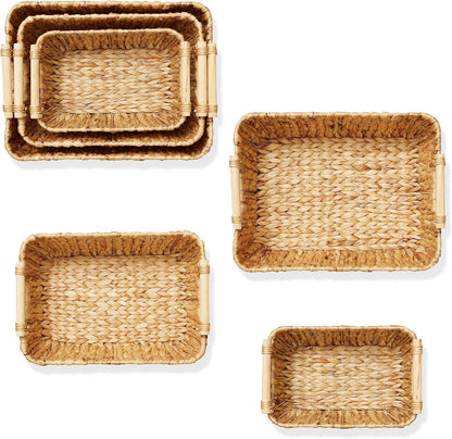 Casafield Set of 2 Water Hyacinth Oval Storage Baskets with Wooden Handles - Medium, Woven Bin Organizers