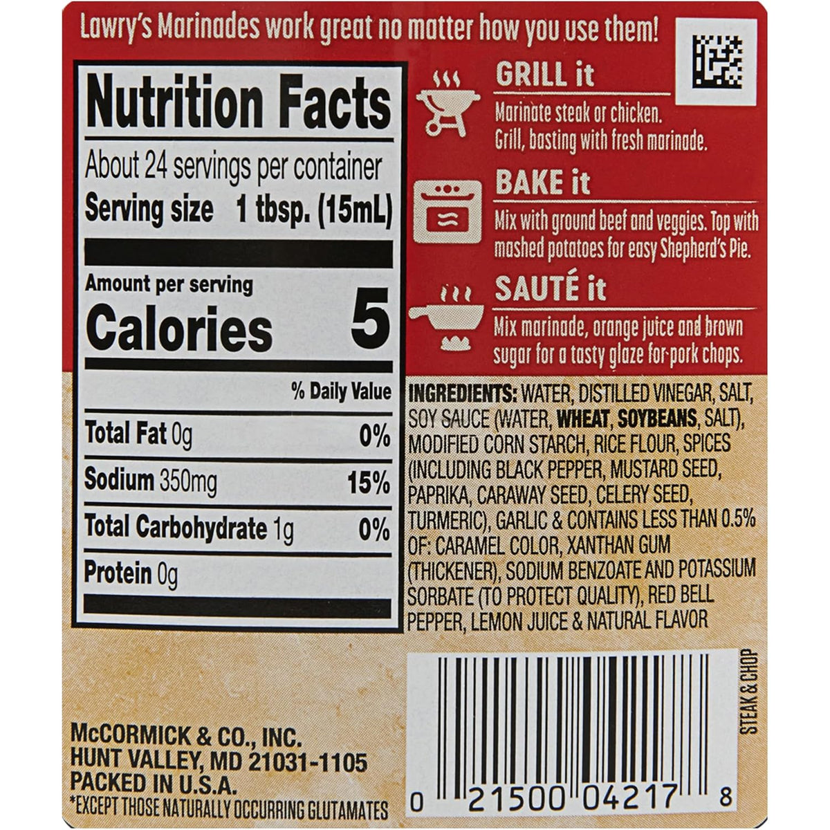 Lawry's Steak & Chop with Garlic & Cracked Black Pepper Marinade, 12 fl oz