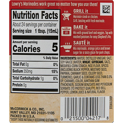 Lawry's Steak & Chop with Garlic & Cracked Black Pepper Marinade, 12 fl oz
