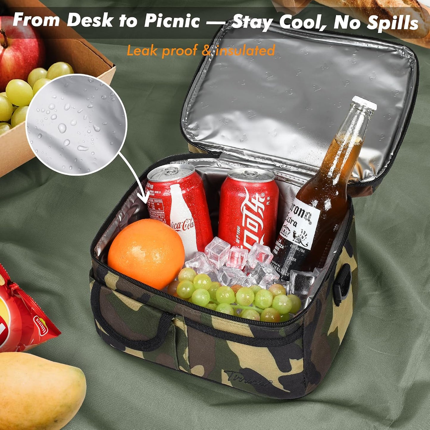 Tirrinia Reusable Lunch Box for Men Women, Insulated Lunch Bag Adult Work, Double Decker Leakproof Lunchbox for Office Picnic Beach—Dual Compartment Lunch Cooler Bag