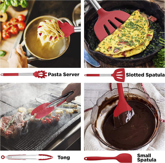 ORBLUE Silicone Cooking Utensil Set, 14-Piece Kitchen Utensils with Holder, Safe Food-Grade Silicone Heads and Stainless Steel Handles with Heat-Proof Silicone Handle Covers, Red