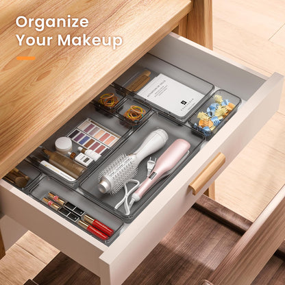 A-LuGei 【Military Grade】 Drawer Organizer,【𝟱𝗦𝗶𝘇𝗲】 Makeup organizer,【Holds 177 Items】 Bathroom Organizers and Storage,Organization and Storage,Desk Drawer Organizer for Vanity【Clear】