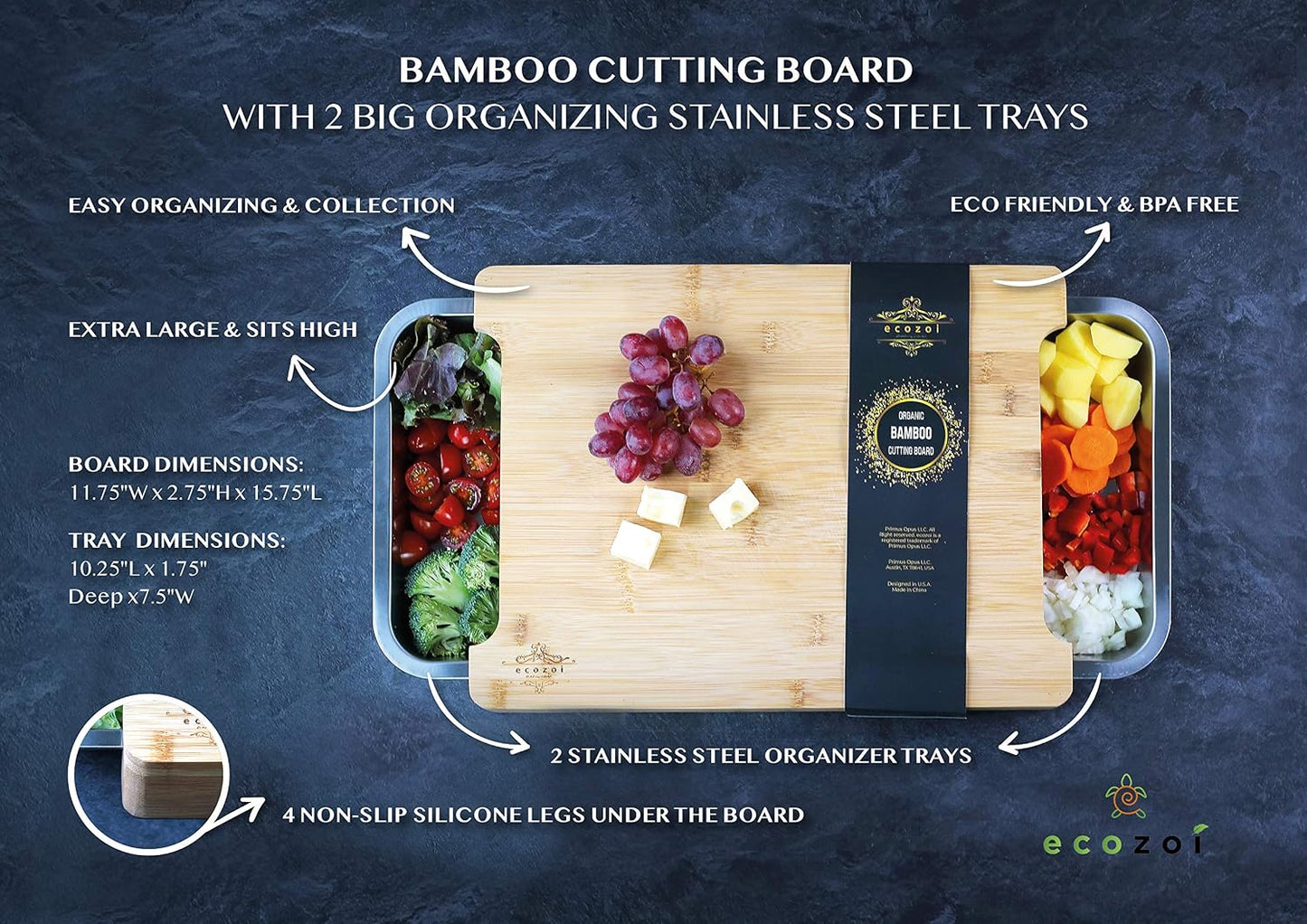Bamboo Cutting Board by Ecozoi with 2 Slide Out Drawers. Keep Meal Prep Organized With Organic Bamboo Wooden Chopping Station. Non-Slip Butcher Block with Juice Groove for Easy Cleaning