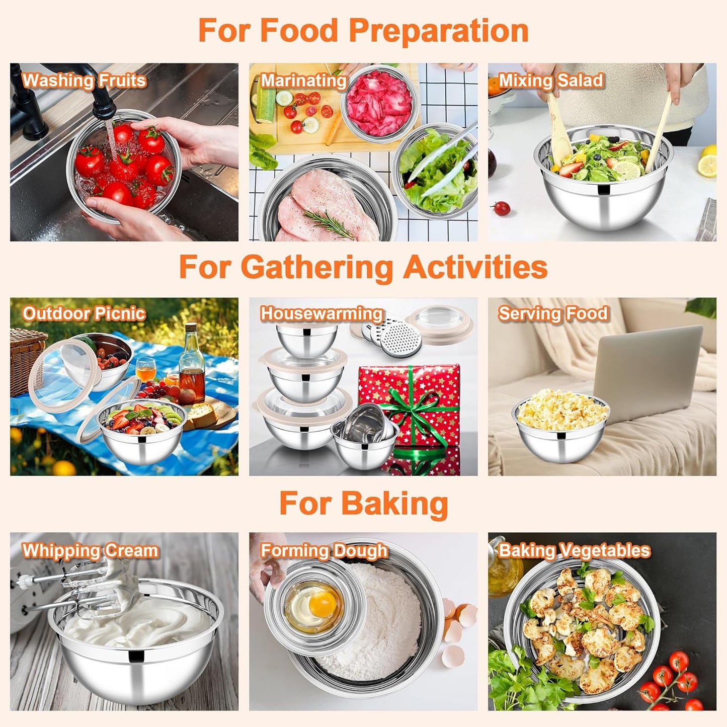 E-far Mixing Bowls Set of 5, Stainless Steel Salad Mixing Bowl with Transparent Lid, Metal Nesting Bowl Attach with 3 Graters for Kitchen Prepping/Serving/Baking/Storage, 4.6/2.6/1.5/1/0.7 QT - Black