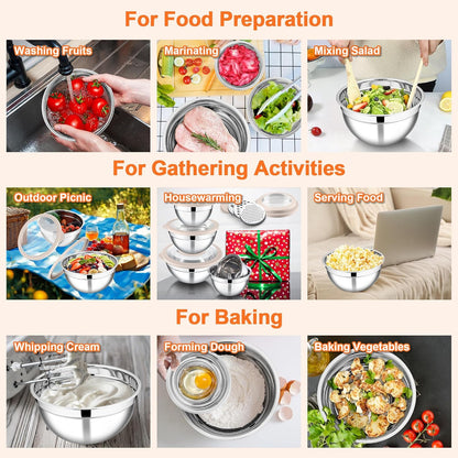 E-far Mixing Bowls Set of 5, Stainless Steel Salad Mixing Bowl with Transparent Lid, Metal Nesting Bowl Attach with 3 Graters for Kitchen Prepping/Serving/Baking/Storage, 4.6/2.6/1.5/1/0.7 QT - Black