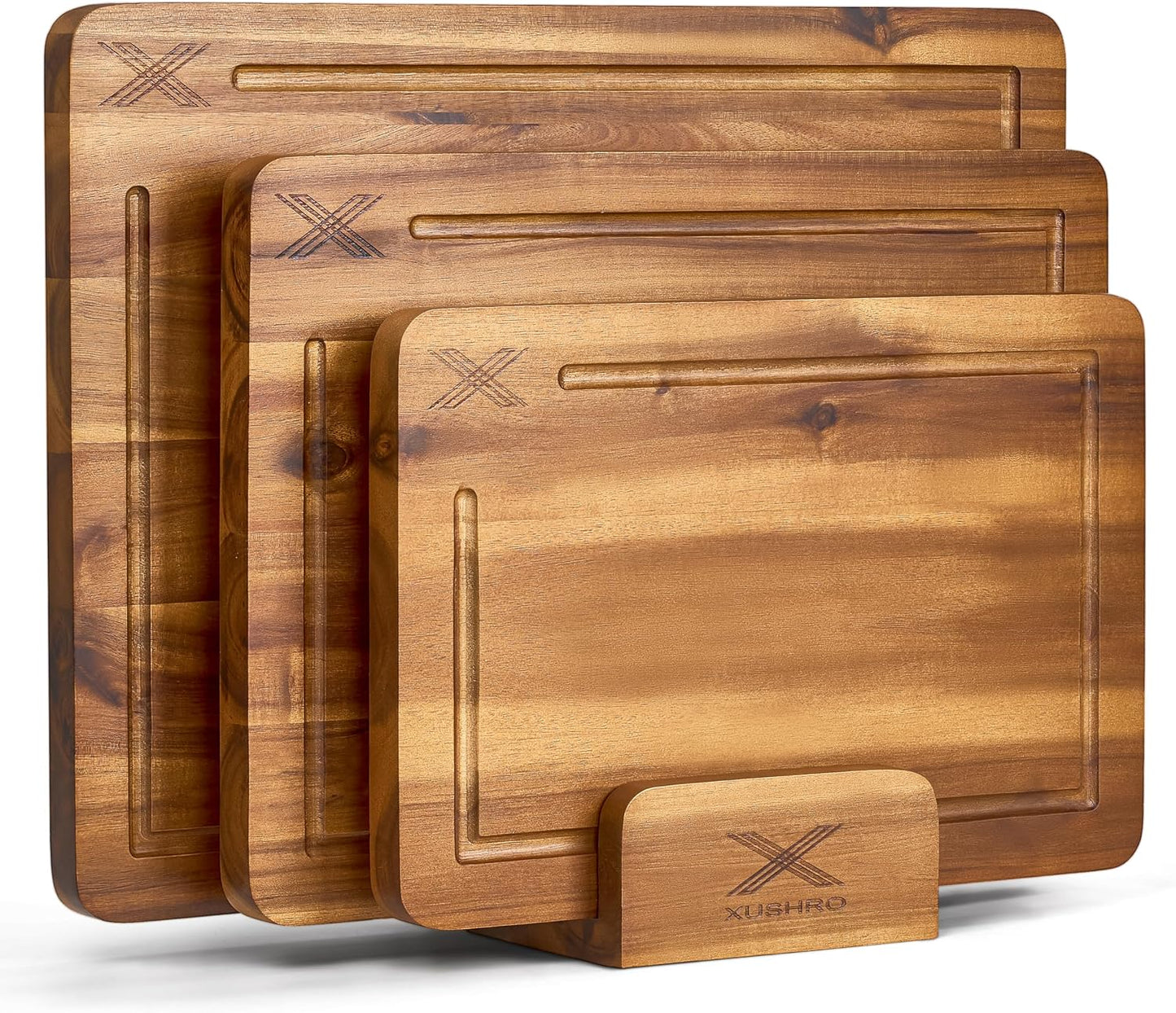 Acacia Wood Cutting Board Set of 3 with Stand - Thick Wooden Chopping Boards with Deep Juice Grooves - Non-Slip & Durable Wooden Boards for Meat & Vegetables (16x12, 14x10, 12x8) - Natural