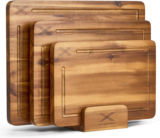 Acacia Wood Cutting Board Set of 3 with Stand - Thick Wooden Chopping Boards with Deep Juice Grooves - Non-Slip & Durable Wooden Boards for Meat & Vegetables (16x12, 14x10, 12x8) - Natural