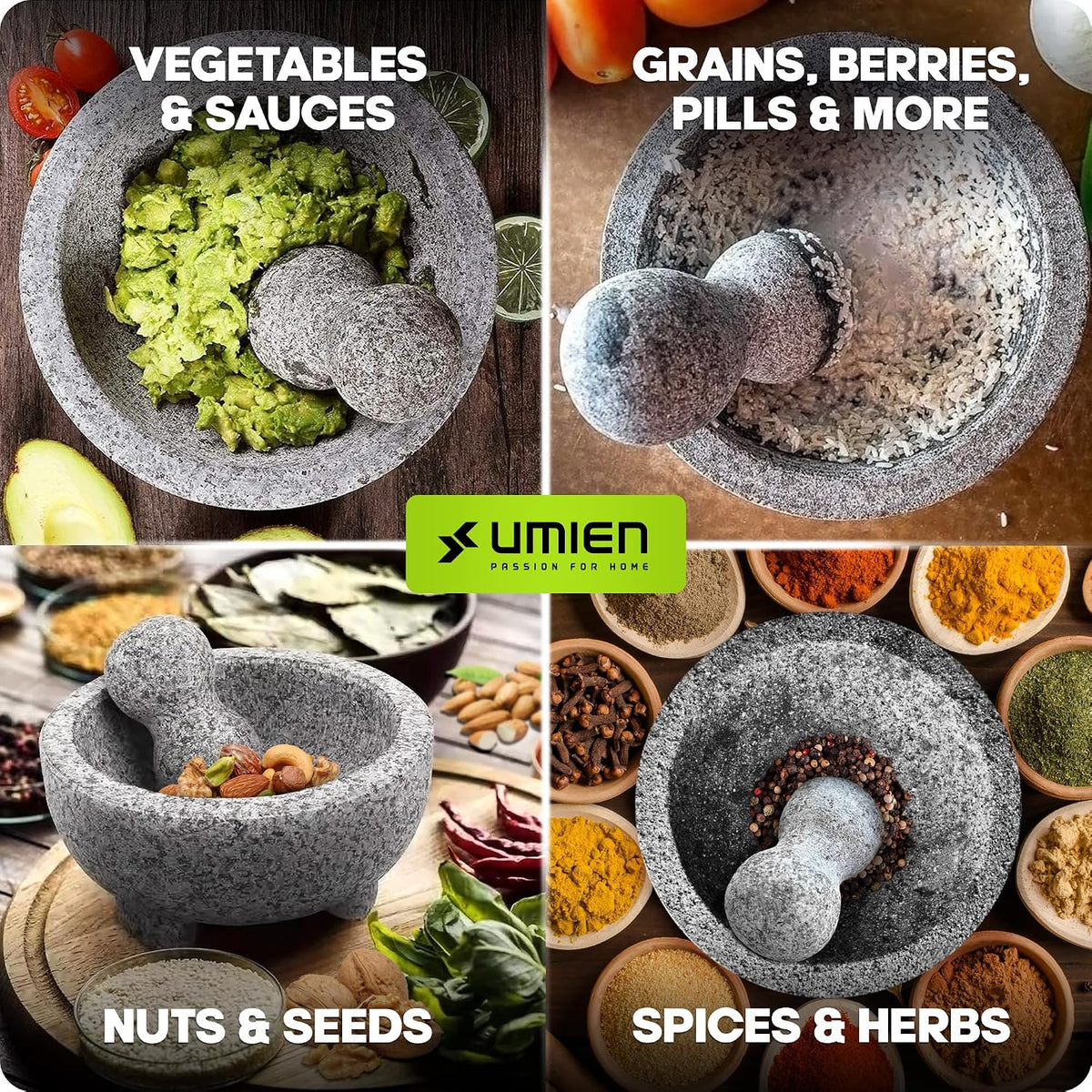 Umien Granite Mortar and Pestle Set 8-Inch (3.5-Cup), Molcajete, Grey