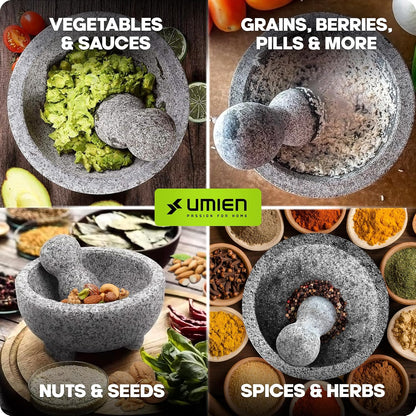 Umien Granite Mortar and Pestle Set 8-Inch (3.5-Cup), Molcajete, Grey