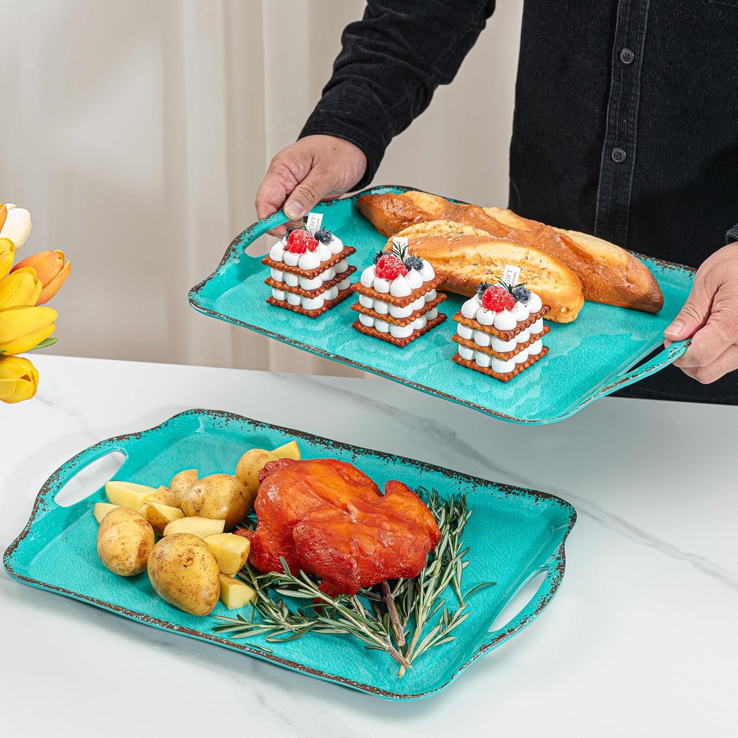 LEHAHA Grilling Prep Trays, Melamine BBQ Prep and Serving Platters and Tray for Outdoor Entertaining, Large Food Serving Trays, Set of 2, 17.2" x 10.5",Great for Grilling Lovers,Black and Red