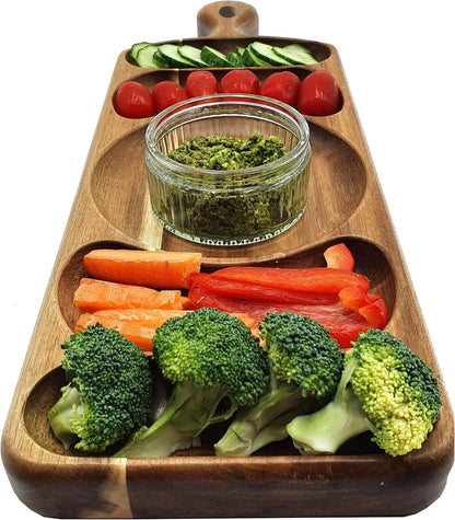 Acacia Wood Serving Platter 17.5 x 6 Long with Grooves & Handle. Luxury Snack Paddle Large XL Reversible Tray for Dinner Parties Chips Dips Crudités Cheese Charcuterie Gift (Long Rectangle)