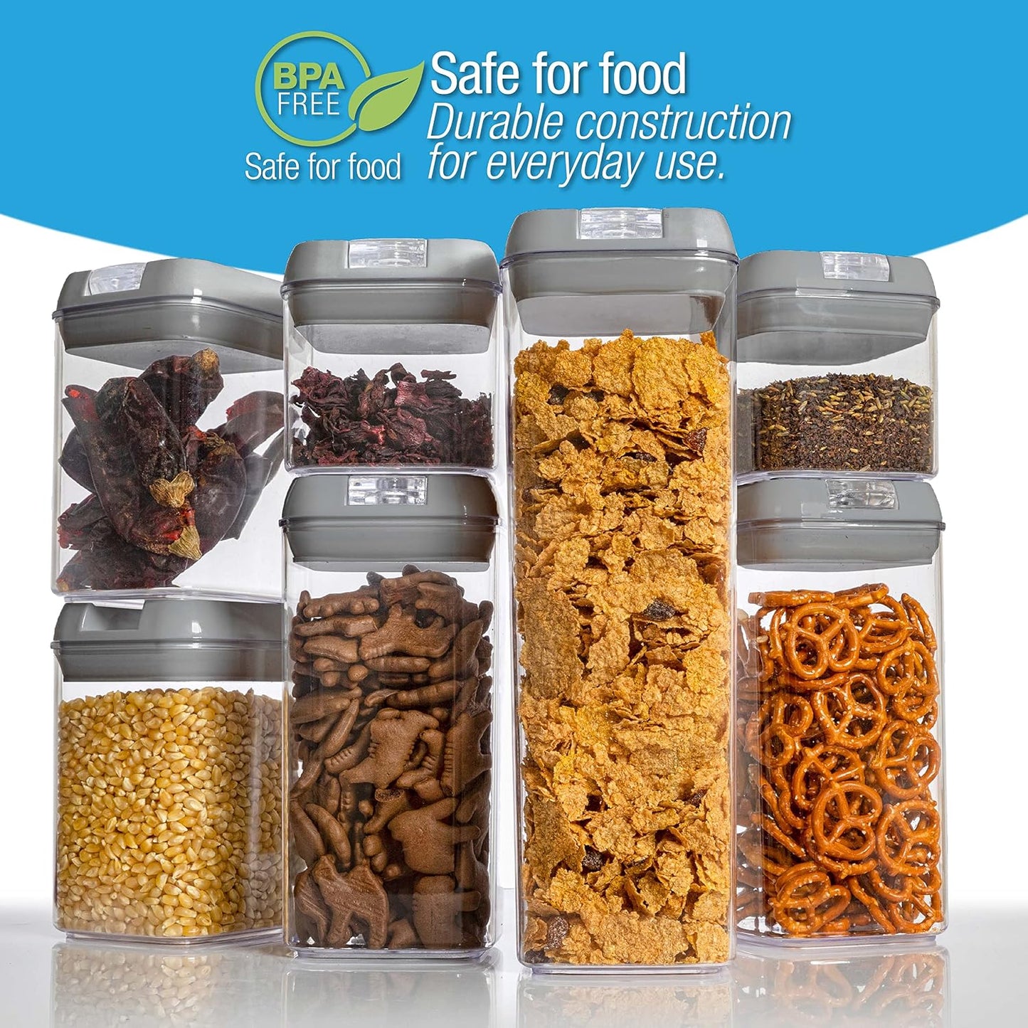 Set of 7 Airtight Food Storage Containers - Pantry Organizer Bins, BPA Free Plastic Containers plus Dry Erase Marker and Labels, White