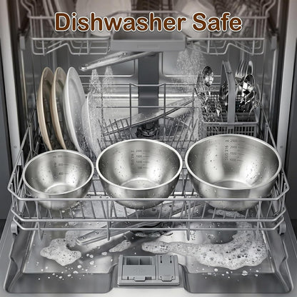 Stainless Steel Mixing Bowls Set of 3, 1.5/2.5/4 Qt Metal Mixing Bowls with Measurement Marks, Nesting Stainless Steel Bowl Set, Dishwasher Safe Stackable Kitchen Bowls for Baking, Salad & Meal Prep