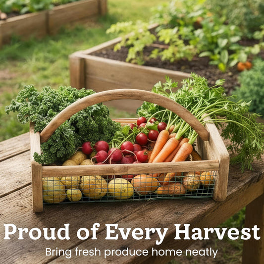 HOMESTEAD Garden Hod Harvest, Durable Acacia Wood Frame with Rotating Handle Basket, Farmhouse Basket for Home Improvement, Gardening, Farm, Kitchen, Indoor Outdoor Use, Natural Color
