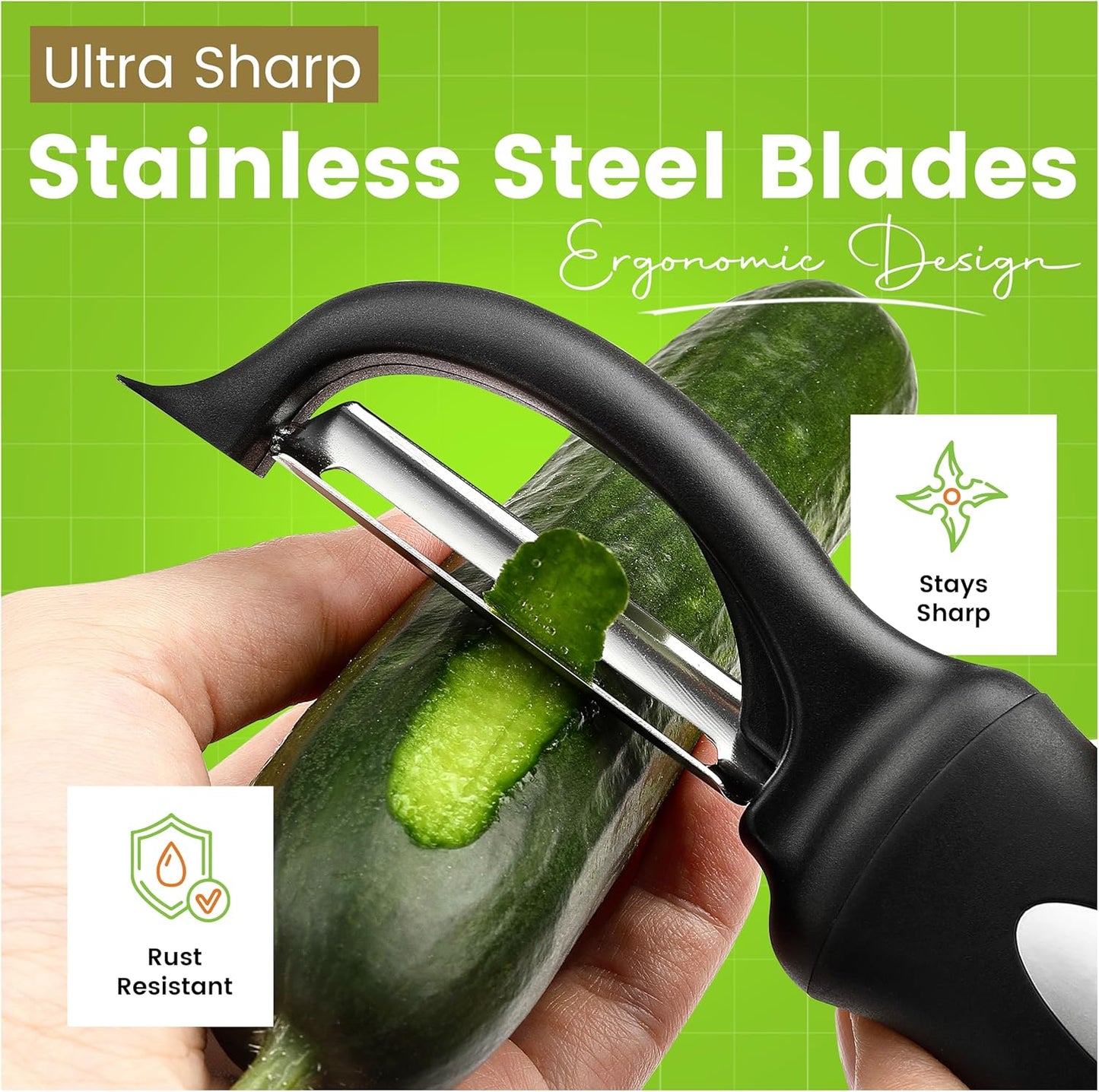 Spring Chef Vegetable Peelers for Kitchen - Stainless Steel Swivel, Y & Julienne Peelers, Potato Peelers with Soft Grip Handles, Kitchen Utensils Set of 3 for Fruits, Veggies, Apples, Carrots