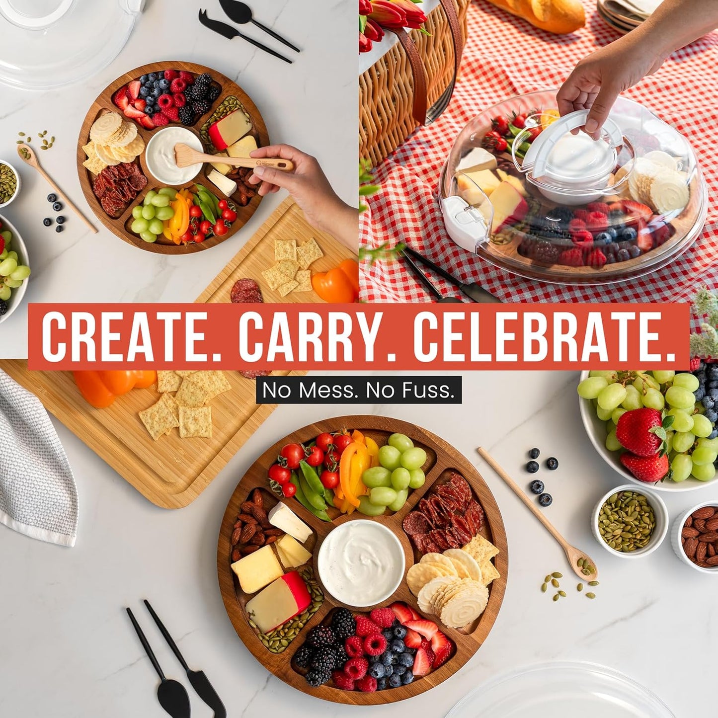 Chef Pomodoro Travel Charcuterie Board With Lid, Serving Tray, Portable, Covered Tray With Lid, Cheese Platter, Wood Grazing Board With 6 Compartments 14.4 X 11.4 in (36.7 X 29 cm)