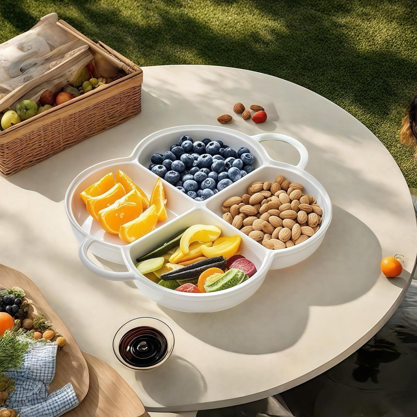 Divided Serving Platter,Ceramic Chip & Dip Serving Dish,12" Decorative Sectional Dish,4-Compartment Appetizer Fruit Dish for Party,Perfect for Chips and Dip, Veggies, Candy and Snacks, White