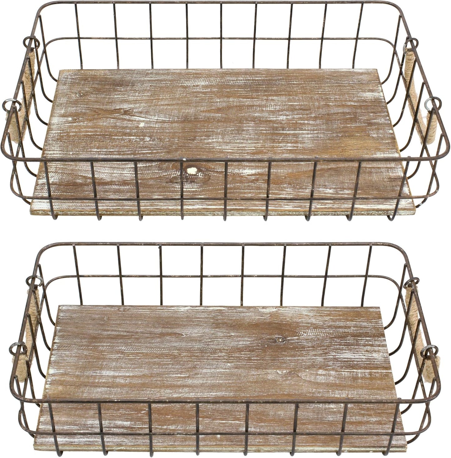 Stonebriar Stackable 2pc Rectangle Metal Wire and Wood Basket Set with Rope Wrapped Handles, Rustic Decor for Home Storage, Decorative Serving Baskets for Weddings, Birthdays, and Holiday Parties