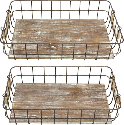Stonebriar Stackable 2pc Rectangle Metal Wire and Wood Basket Set with Rope Wrapped Handles, Rustic Decor for Home Storage, Decorative Serving Baskets for Weddings, Birthdays, and Holiday Parties