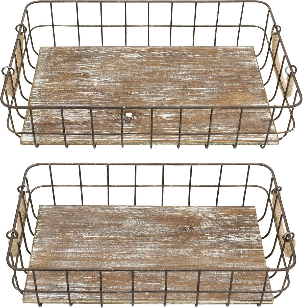 Stonebriar Stackable 2pc Rectangle Metal Wire and Wood Basket Set with Rope Wrapped Handles, Rustic Decor for Home Storage, Decorative Serving Baskets for Weddings, Birthdays, and Holiday Parties