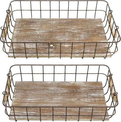 Stonebriar Stackable 2pc Rectangle Metal Wire and Wood Basket Set with Rope Wrapped Handles, Rustic Decor for Home Storage, Decorative Serving Baskets for Weddings, Birthdays, and Holiday Parties