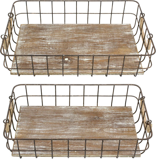 Stonebriar Stackable 2pc Rectangle Metal Wire and Wood Basket Set with Rope Wrapped Handles, Rustic Decor for Home Storage, Decorative Serving Baskets for Weddings, Birthdays, and Holiday Parties